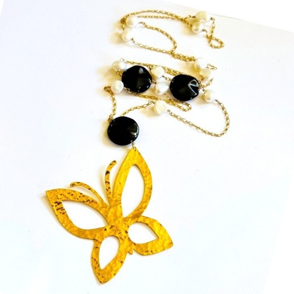 Gold Filled Butterfly Y2K Necklace VTG Onyx Baroque pearl Genuine Beads 32"L